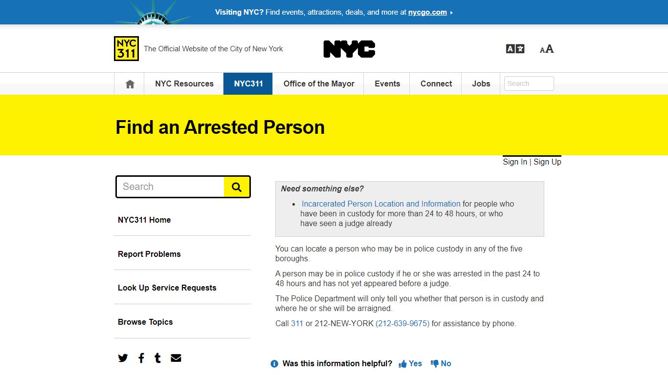 Find an Arrested Person · NYC311